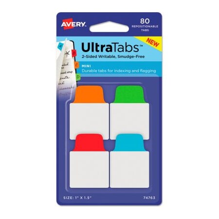 Avery Dennison Avery Ultra Tabs Repositionable Tabs, 1in x 1-1/2in, Primary: Blue, Green, Orange, Red, 80/Pack 74763